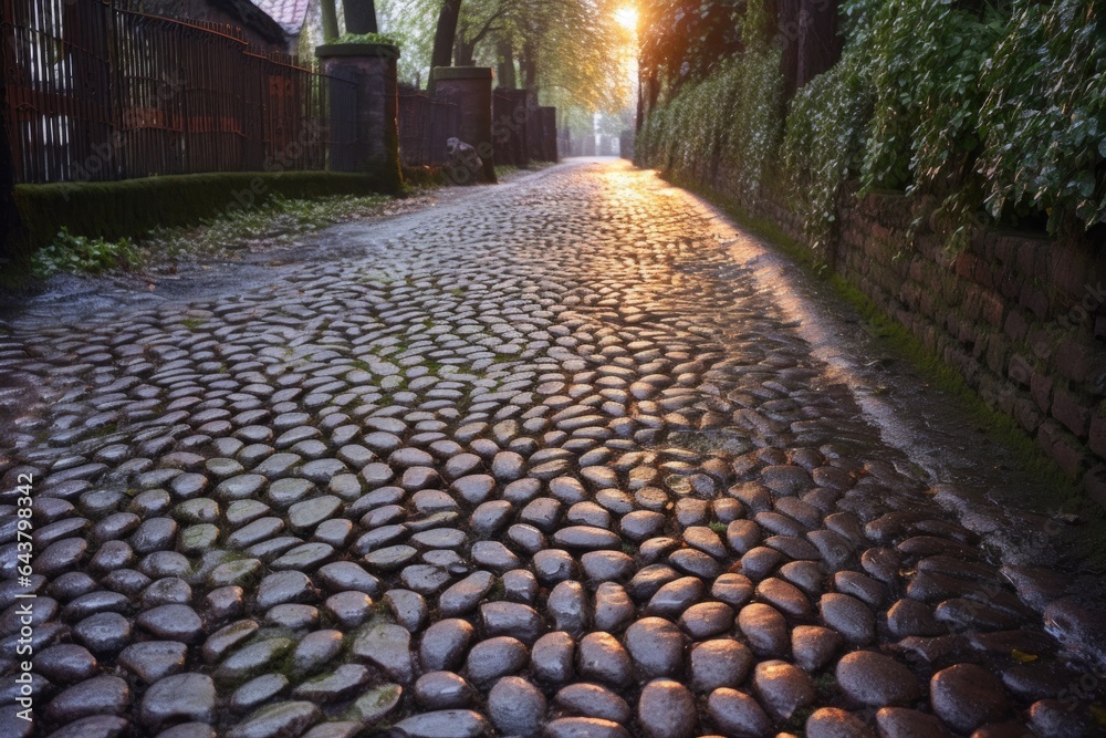 sweeping patterns on dewy cobblestone path
