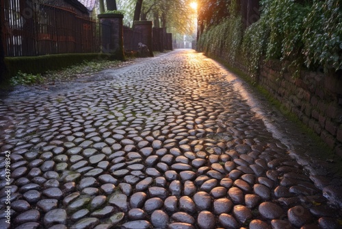 sweeping patterns on dewy cobblestone path