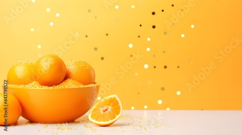 Oranges in a bowl with golden confetti. Festive healthy food background.