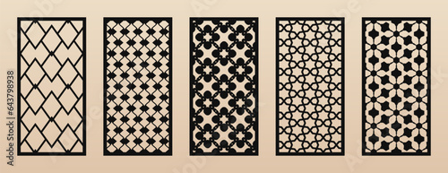 Decorative panels for CNC, laser cutting. Vector set of elegant oriental patterns with abstract geometric grid, linear mesh, floral lattice. Laser cut templates for wood, metal. Aspect ratio 1:2
