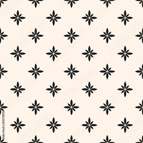 Simple vector floral seamless pattern. Abstract monochrome geometric ornamental texture with small flower silhouettes. Black and white simple ornament in oriental style. Elegant repeat geo background © Olgastocker