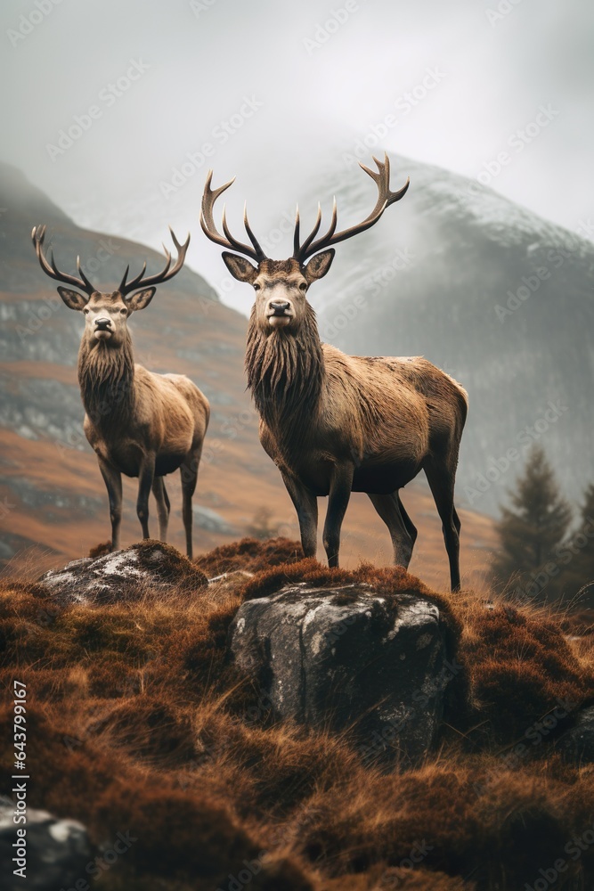 Fototapeta premium Red Deer Stags Amidst Rugged Landscapes | Generative AI