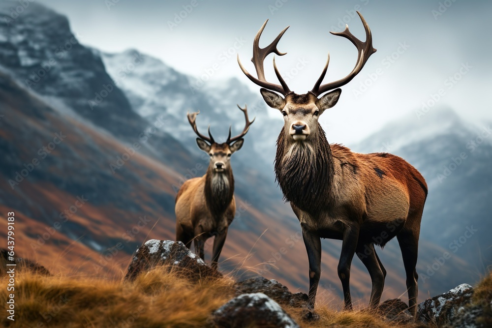 Obraz premium Red Deer Stags Amidst Rugged Landscapes | Generative AI
