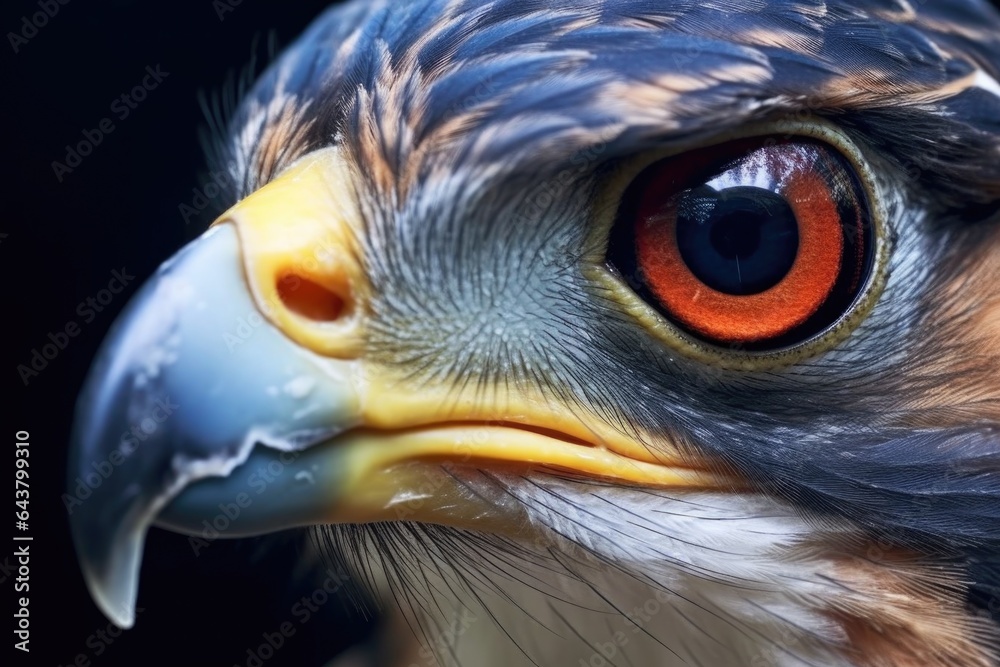 close-up of a falcons beak and piercing eyes