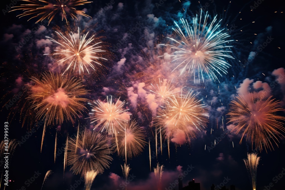 Colorful fireworks of various colors over night sky background, celebration concept with Copy Space.