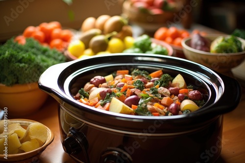 slow cooker cooking a vegetarian meal, variety of veggies photo