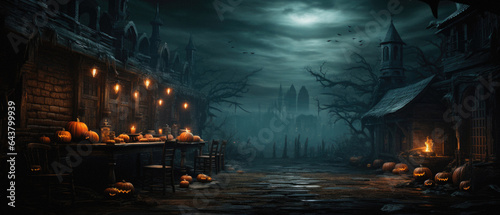 Halloween spooky background, scary pumpkins with smoke in old big creepy Happy Haloween ghosts horror house inside big empty foggy room. Creepy october dark smoky mysterious night backdrop concept. © Synthetica