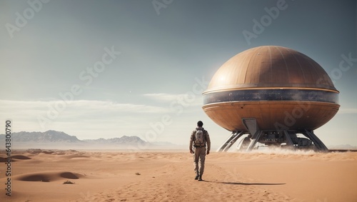 Adult in a Desert Landscape with a Sci-Fi Spacecraft