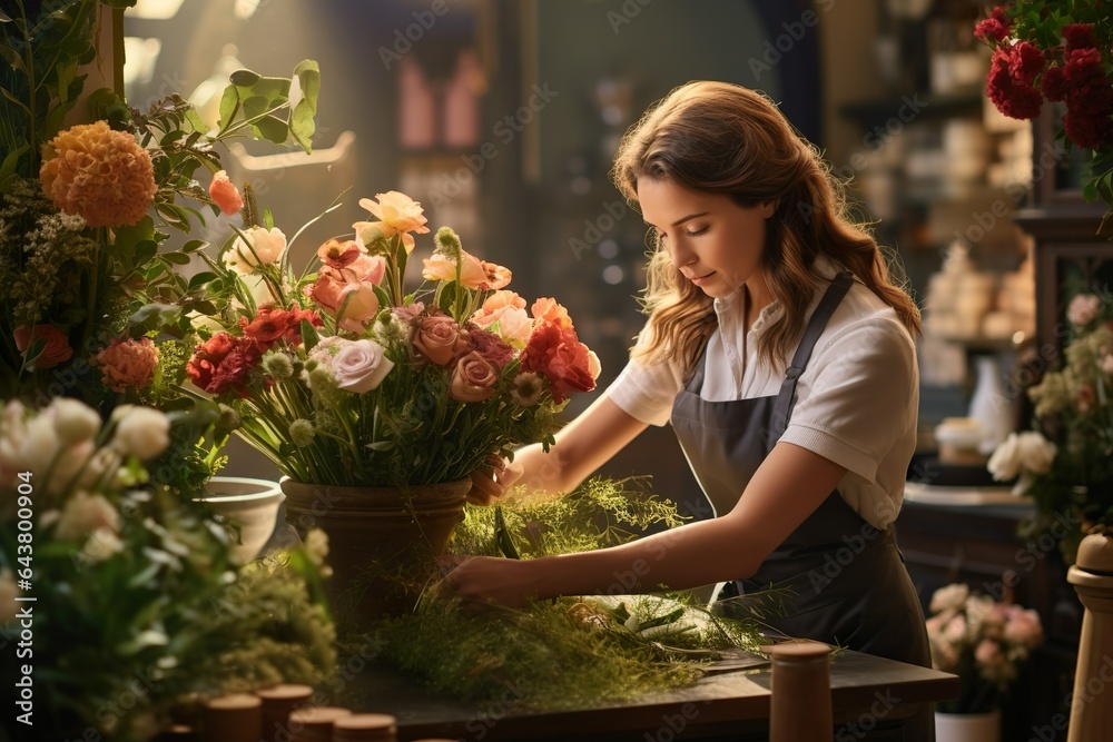 A Contemporary Female Worker Flourishing in the Flower Shop | Generative AI