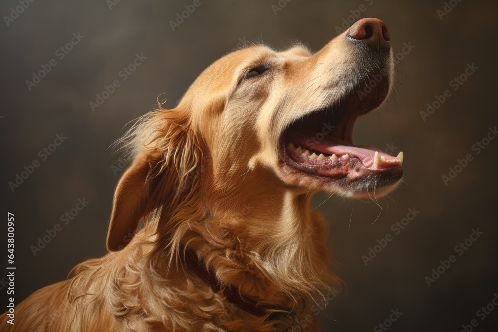 side view of a sneezing dog, tongue lolling out