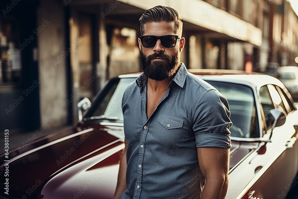 smart bearded man leans on his car