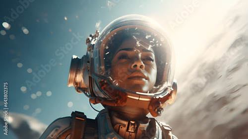 Close up of a young woman in a futuristic space suit 