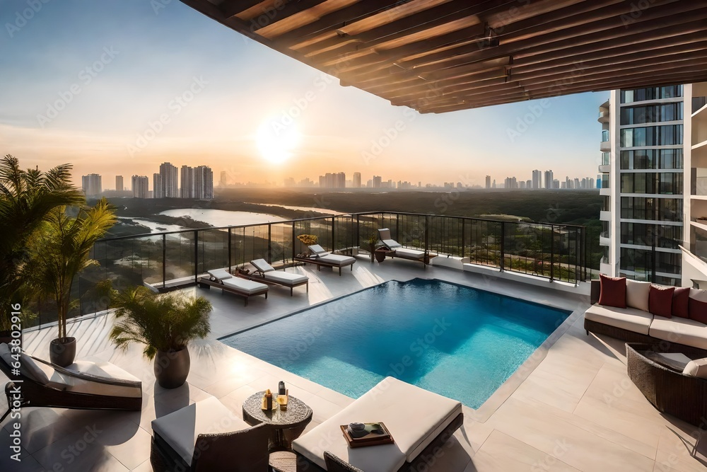 5-foot balcony of a brand-new modern condominium on the 15th floor and takes in the captivating view of a swimming pool on the 7th-floor terrace - AI Generative