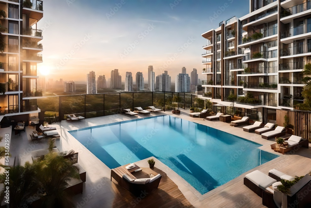 5-foot balcony of a brand-new modern condominium on the 15th floor and takes in the captivating view of a swimming pool on the 7th-floor terrace - AI Generative 5-foot balcony of a brand-new modern condominium on the 15th floor and takes in the captivating view of a swimming pool on the 7th-floor terrace - AI Generative