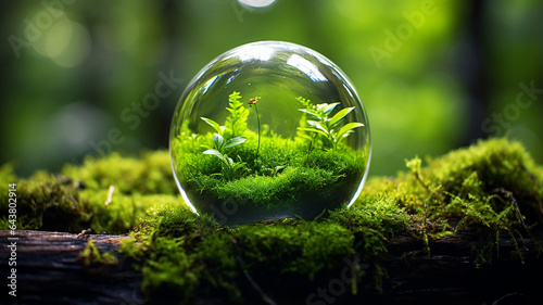 transparent_glass_ball_with_green_leaves_inside_on_mo