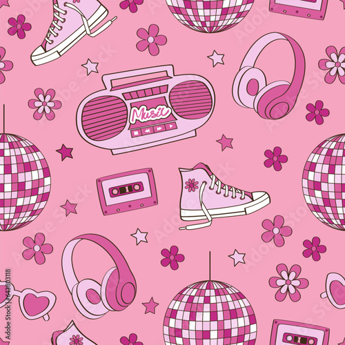 pink seamless pattern with  record player, sneakers, headphones