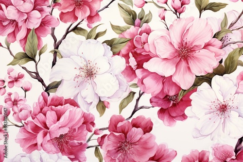Watercolor pattern featuring cherry blossoms and peonies. Generative AI
