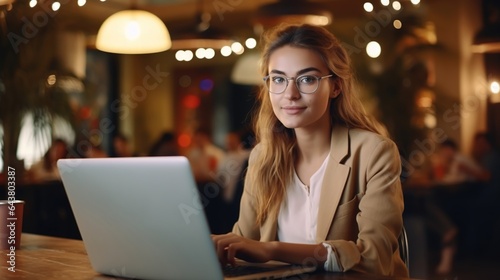 Young business woman with glasses working on laptop sitting in cafe and looking at camera. Female entrepreneur, student, business owner, businesswoman. Generative AI © Paul