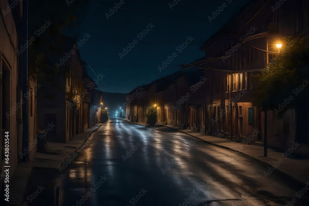 A hyper-realistic image of the streets of a rural city at night - AI Generative