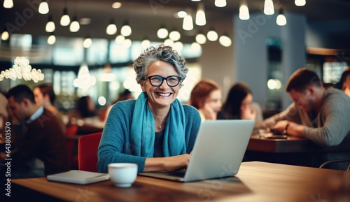 Middle-aged old woman with glasses working on laptop sitting in cafe and smiling at camera. Mature businesswoman, female entrepreneur, female business owner. Generative AI © Paul