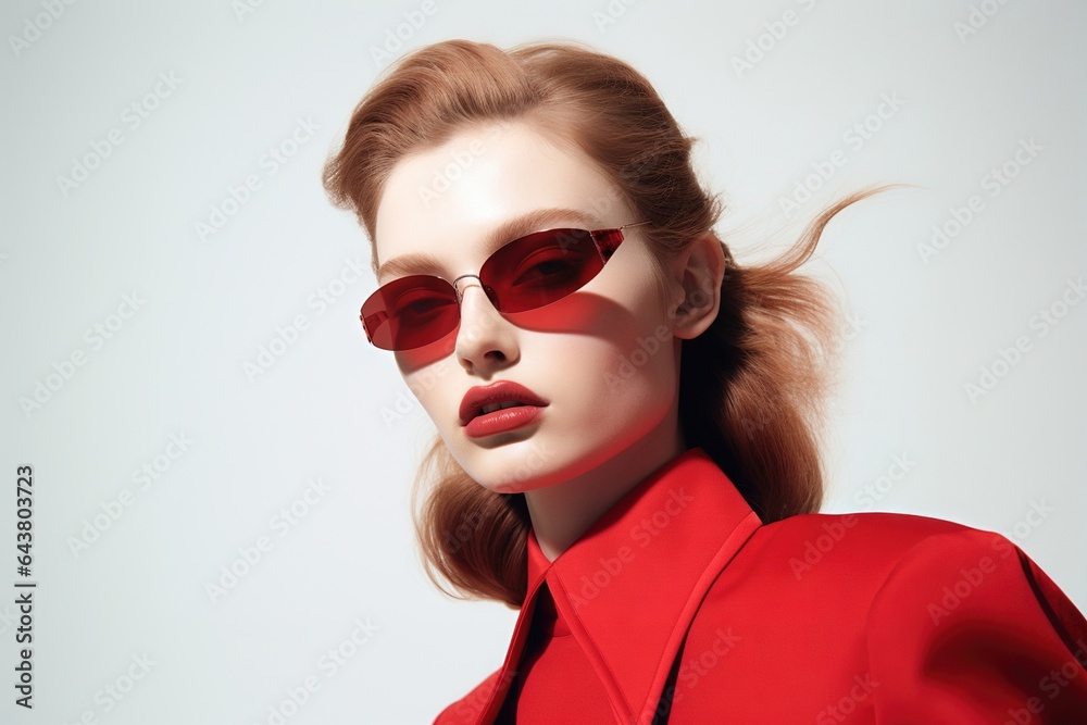 Young beautiful red haired female model in retro style clothing and 80s and 90s colors. Attractive white woman presenting high fashion. Vintage stylish fashion photo shooting. Generative AI Young beautiful red haired female model in retro style clothing and 80s and 90s colors. Attractive white woman presenting high fashion. Vintage stylish fashion photo shooting. Generative AI