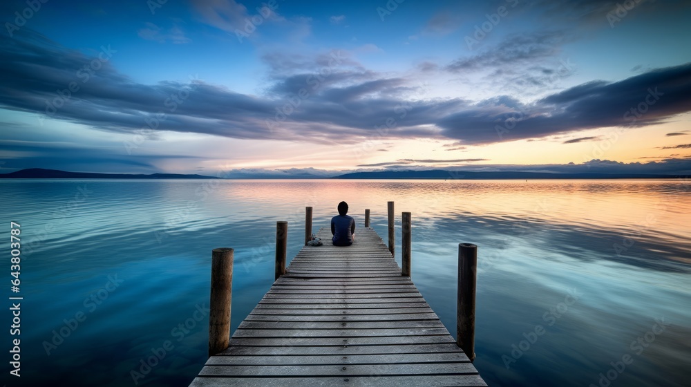Person sits on a jetty and watches the dusk, copy space, 16:9, concept: calm down