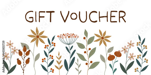Gift Voucher - Schriftzug in englischer Sprache - Geschenkgutschein. Couponkarte mit hübschen Blumen.