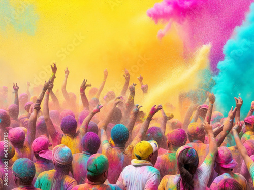 "Holi Spectacular: Colorful Powder Paint Soars as Diverse Crowd Celebrates with Joyful Abandon at Festival Event. Dynamic Burst of Colors and Unity in Motion."