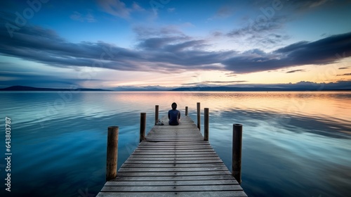 Person sits on a jetty and watches the dusk, copy space, 16:9, concept: calm down