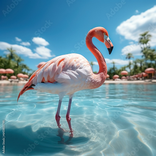 A pink flamingo is standing in a turquoise lagoon  