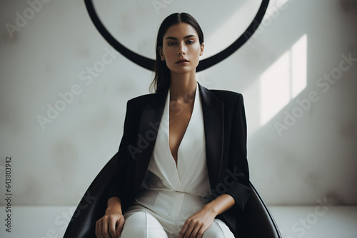 Modern classy high fashion young beautiful attractive female model in black and white minimalist setting. Stylish, trendy woman, elegant style, fashion statement, classic mannequin. Generative AI