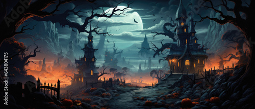 Happy Halloween background spooky scene, creepy dark night with moon, pumpkins and spooky trees on graveyard ghosts horror gothic evil cemetery landscape. Mysterious night moonlight backdrop. © Synthetica