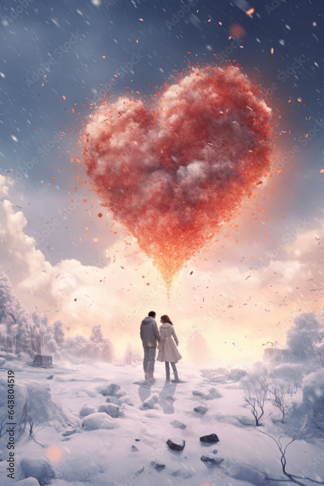 Obraz premium A blizzard of love. Couple in the snow with a big hart at the sky.