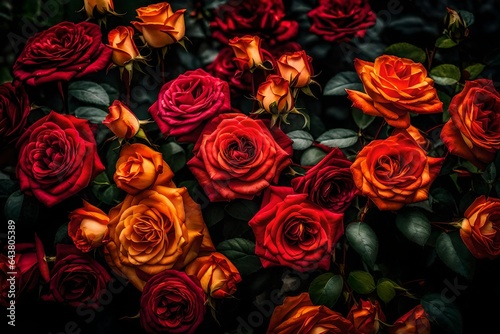 A still life photograph. Zooming in on the vibrant roses, the camera captures an explosion of colors and textures - AI Generative