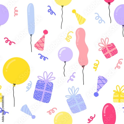 Cartoon festive seamless birthday balloons and gifts box pattern for wrapping paper and fabrics and kids clothes print