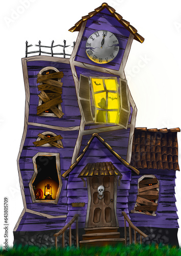 Halloween haunted mansion, hand drawn drawing of a haunted mansion. Handmade illustration. PNG