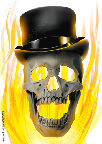 Halloween skull, handmade drawing of a realistic skull with top hat and flames in the background. Handmade illustration. PNG