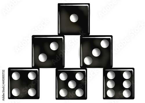Playing dice, hand drawn drawing of stacked black dice on the table. Handmade illustration. PNG