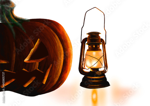 Halloween Lamp and Pumpkin, Hand drawn drawing of a lit lamp and a pumpkin on a dark background. Handmade illustration. PNG