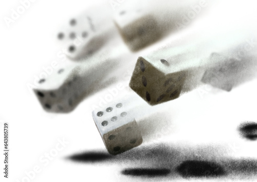 Throwing dice, hand drawn drawing of dice being thrown on the table. Handmade illustration.  PNG