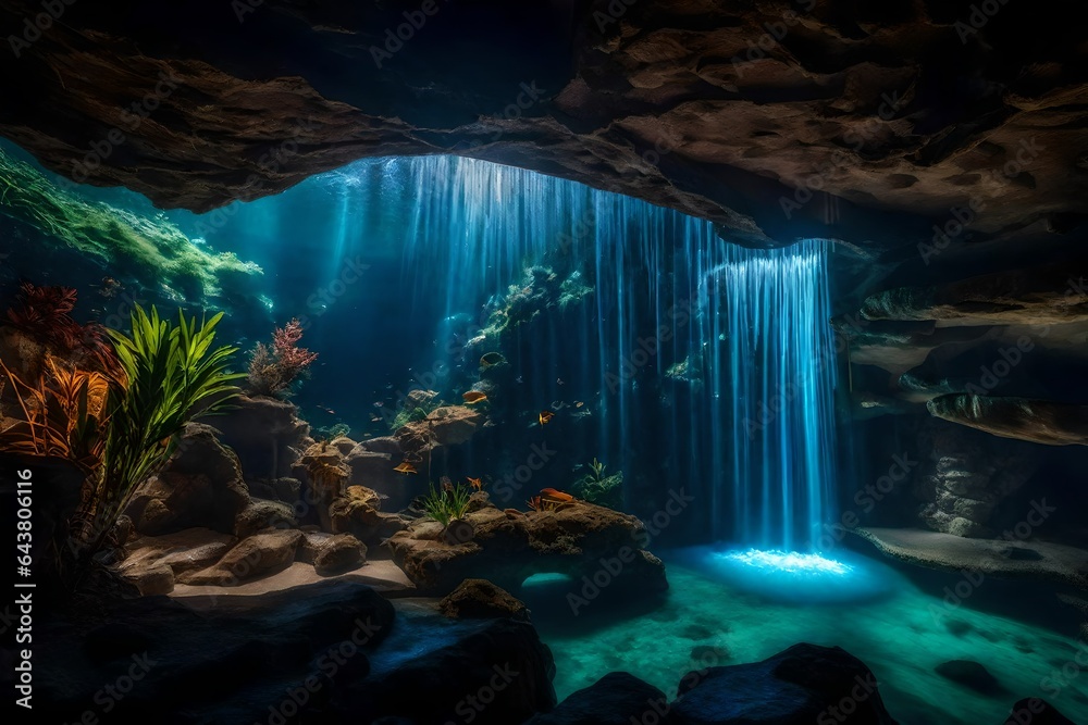cave, waterfall, aquatique, Natural and artificiel structure indoor, Crysta - AI Generative