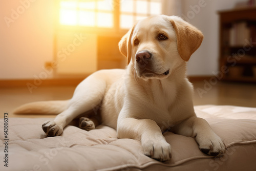 Dog is seen laying on top of pillow on floor. This image can be used to depict relaxation, comfort, or cozy home environment.