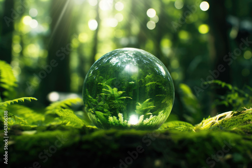 Glass ball sitting on top of lush green forest. This image can be used to represent nature, tranquility, and beauty of outdoors.