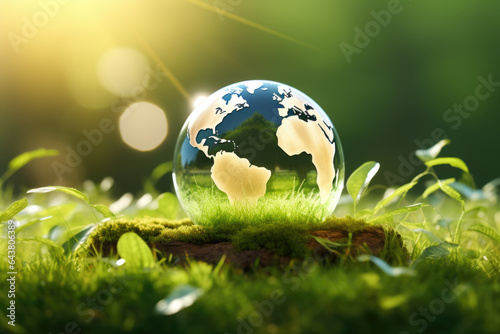 Glass globe placed on vibrant green field. This image can be used to represent concepts such as global connectivity, environmental conservation, or travel destinations.