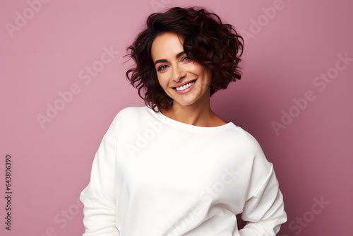 Adult woman in white mockup sweater standing in pink studio background  photo