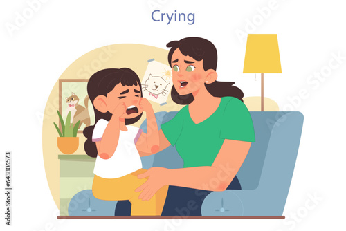 Children emotions. Little girl crying on her mom's laps. Concerned mother