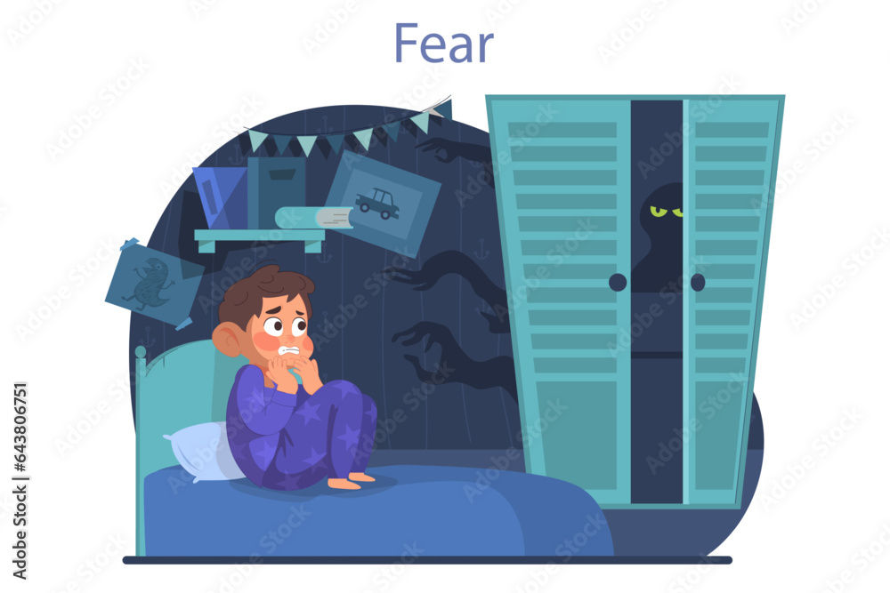 Boy is afraid of dark and monsters in his closet. Scared child sitting on bed,