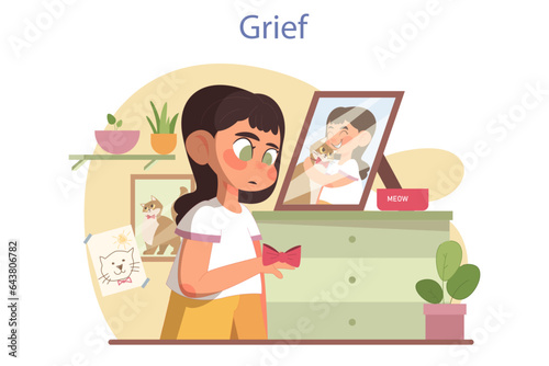 Illustration of a Kid Boy Crying and Hugging a Picture Frame of His Pet Dog