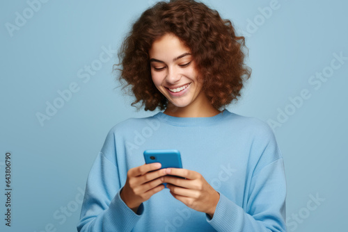 Woman is captured in moment of joy as she smiles while looking at her cell phone. This image can be used to depict happiness, technology, communication, or social media.
