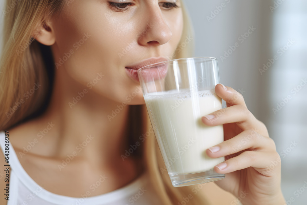 Woman is pictured drinking glass of milk. This image can be used to promote healthy eating and nutrition. Woman is pictured drinking glass of milk. This image can be used to promote healthy eating and nutrition.